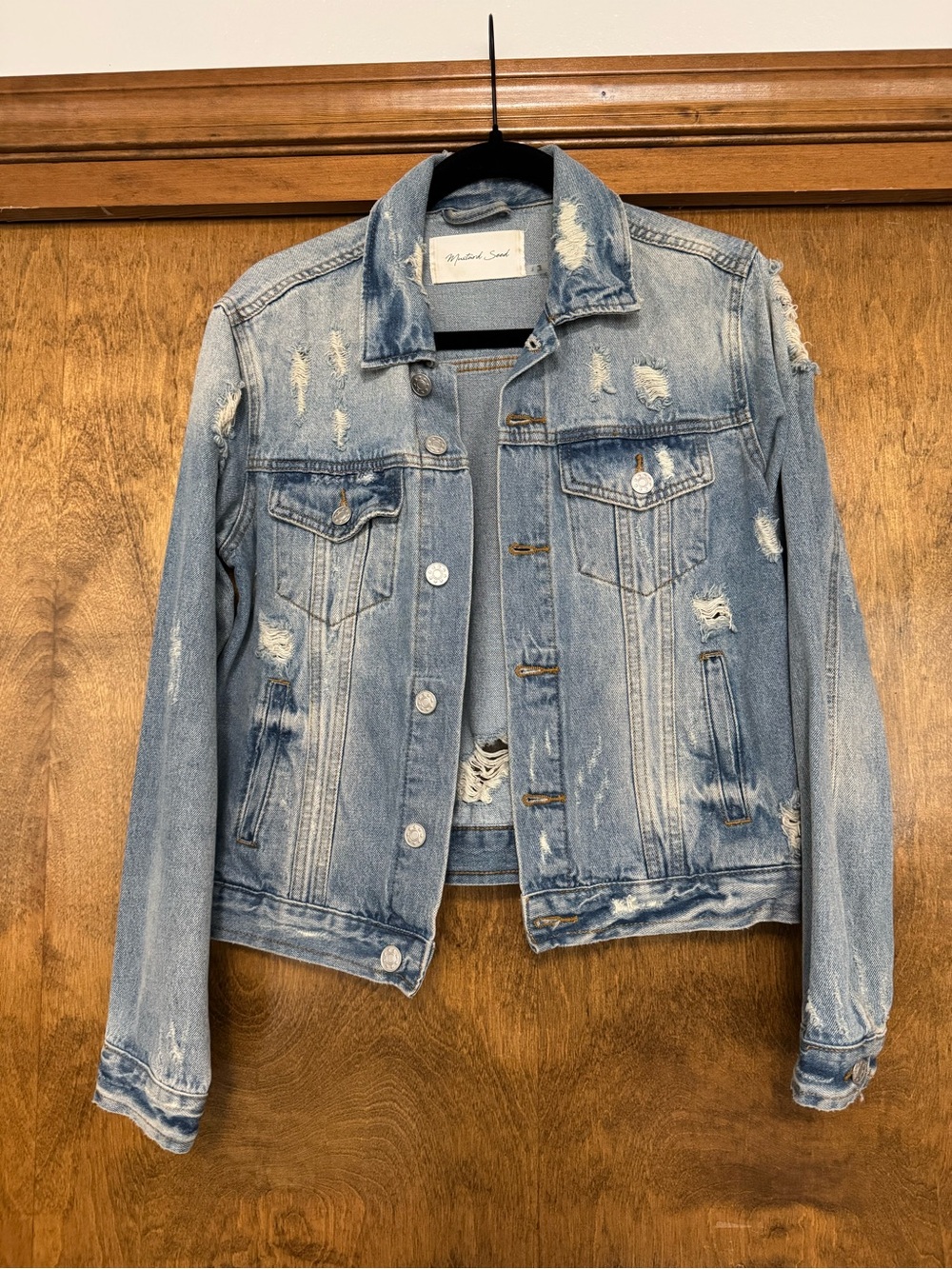 Mustard Seed Distressed Light Blue Denim Jacket